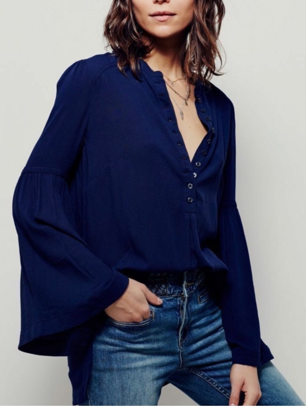 Free People "Easy Girl" bell-sleeve henley top boho western size small oversized